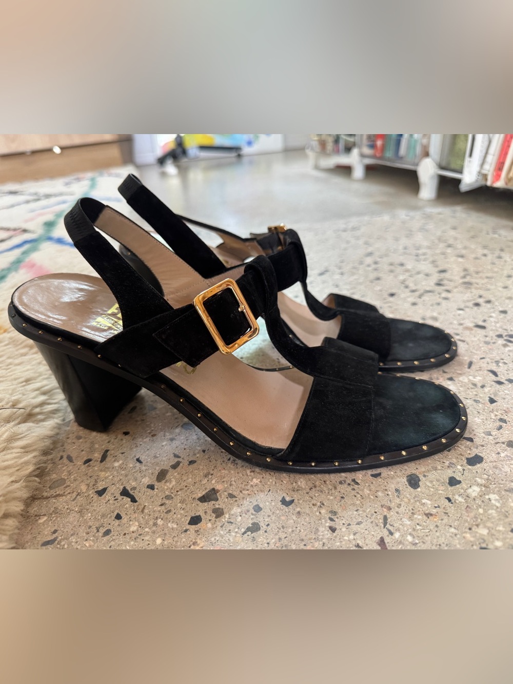 Salvatore Ferragamo Black Suede Slingback Heels with Gold Buckle (10)